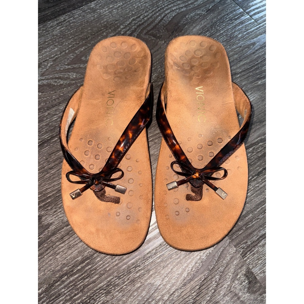 Vionic Bella Tortoise Shell Orthotic Flip Flop Sandals Brown Bow Womens 8